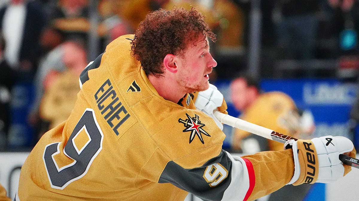 Vegas Golden Knights center Jack Eichel (9) warms up before the start of game two of the first round of the 2025 Stanley Cup Playoffs against the Minnesota Wild at T-Mobile Arena.