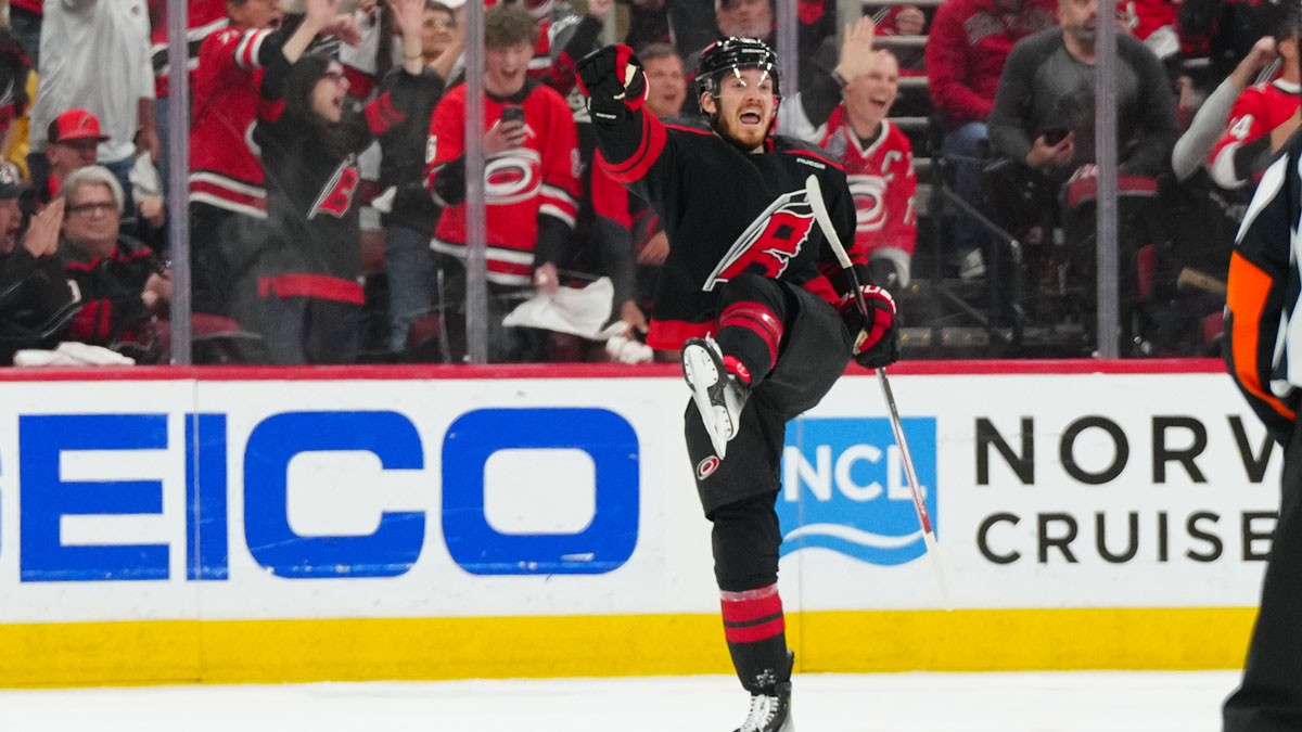 Carolina Hurricanes center Jack Roslovic (96) celebrates his goal against the Washington Capitals during the second period in game three of the second round of the 2025 Stanley Cup Playoffs at Lenovo Center.