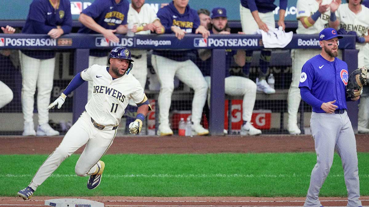 Milwaukee Brewers center fielder Jackson Chourio (11) rounds first base after hitting a double during the first inning of their National League Division Series game against the Chicago Cubs Saturday, October 4, 2025 at American Family Field in Milwaukee, Wisconsin.