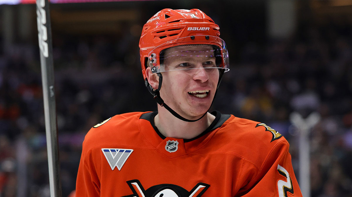 Anaheim Ducks defenseman Jackson LaCombe (2) skates against the Nashville Predators during the third period at Honda Center. 