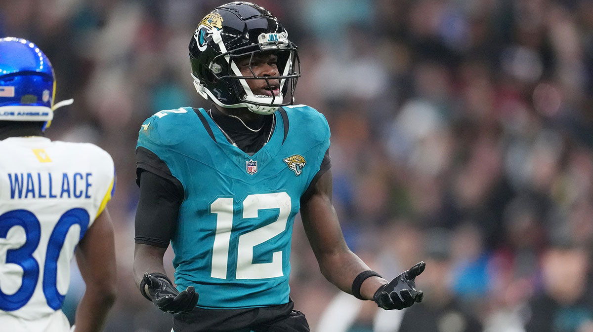 Jacksonville Jaguars wide receiver Travis Hunter (12) reacts after a play against the Los Angeles Rams during the second half of an NFL International Series game at Wembley Stadium.