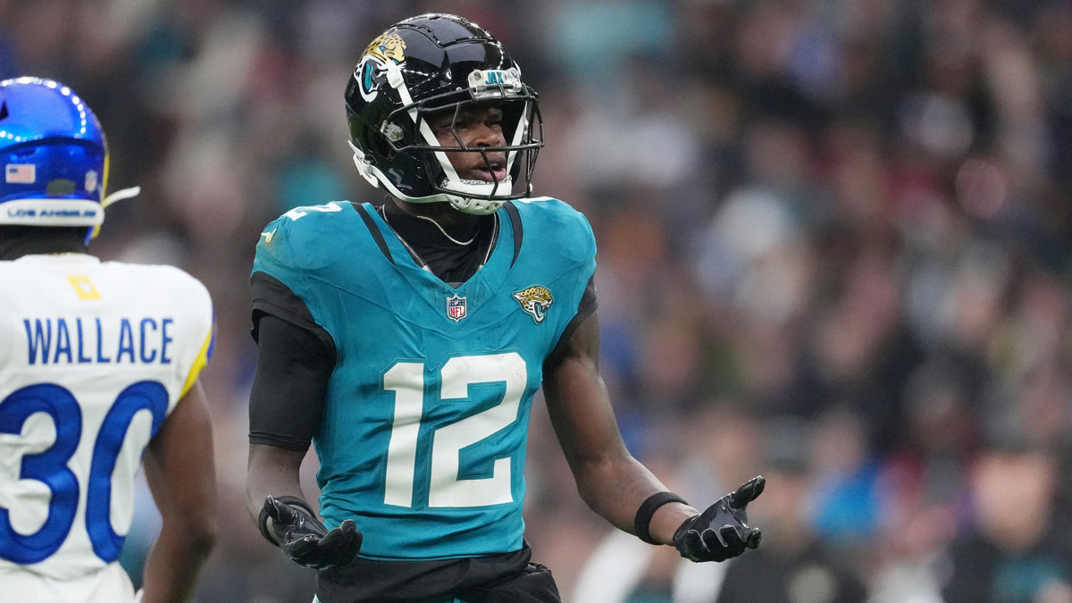 Jacksonville Jaguars wide receiver Travis Hunter (12) reacts after a play against the Los Angeles Rams
