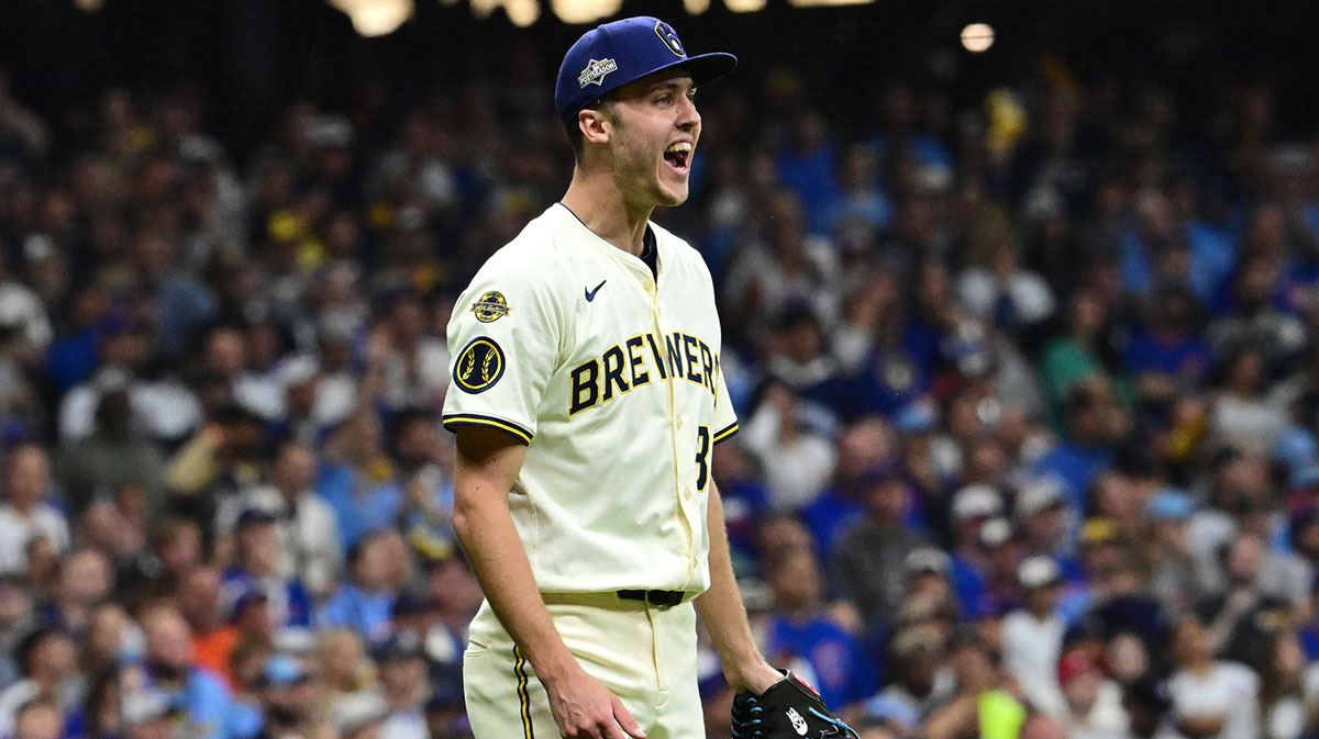 Milwaukee Brewers pitcher Jacob Misiorowski (32) reacts in the fifth inning against the Chicago Cubs during game five of the NLDS round for the 2025 MLB playoffs at American Family Field.