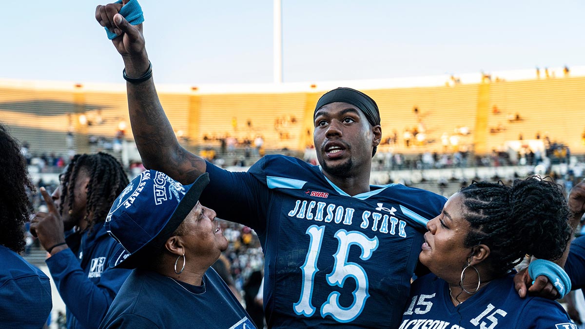 Jackson State quarterback JaCobian Morgan (15) sings the alma mater after a college football game between Jackson State and Alabama State at Mississippi Veterans Memorial Stadium in Jackson, Miss., on Saturday, Oct. 11, 2025. Jackson State defeated Alabama State 38-34.