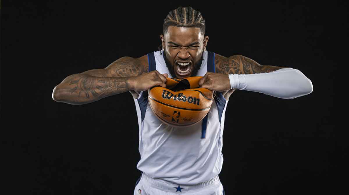 Dallas Mavericks guard Jaden Hardy (1) poses for a photo during the Mavericks 2025 media day at the American Airlines Center.