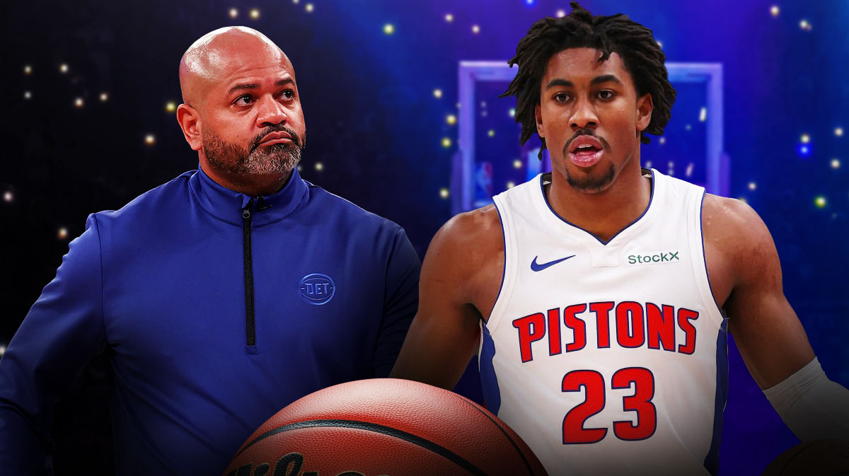 Jaden Ivey on the basketball court next to JB Bickerstaff Detroit Pistons
