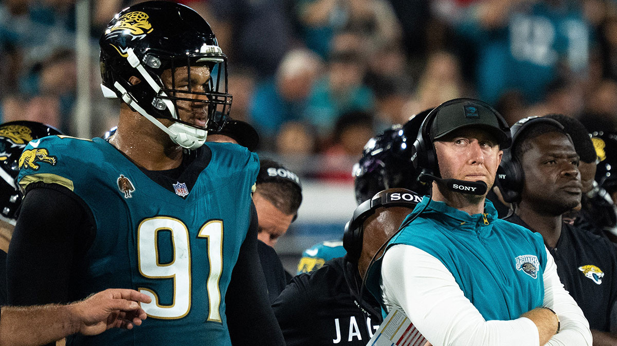 Jacksonville Jaguars head coach Liam Coen waits for a replay ruling during a Monday Night NFL football game at EverBank Stadium, Monday, Oct. 6, 2025, in Jacksonville, Fla.