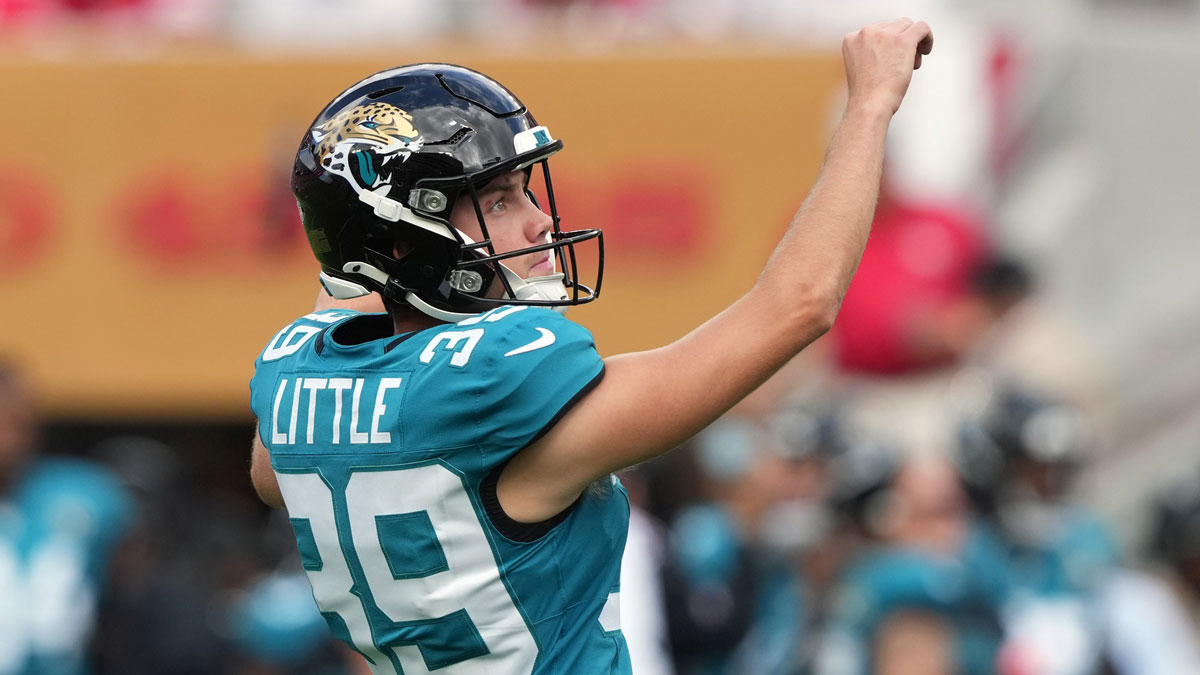 Jacksonville Jaguars kicker Cam Little (39) follows through after kicking an extra point against the San Francisco 49ers during the second quarter at Levi's Stadium.