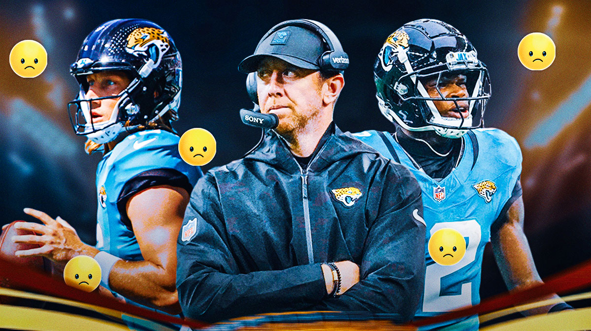 Jaguars head coach Liam Coen with QB Trevor Lawrence and WR Travis Hunter. They are surrounded by sad emojis (😔)