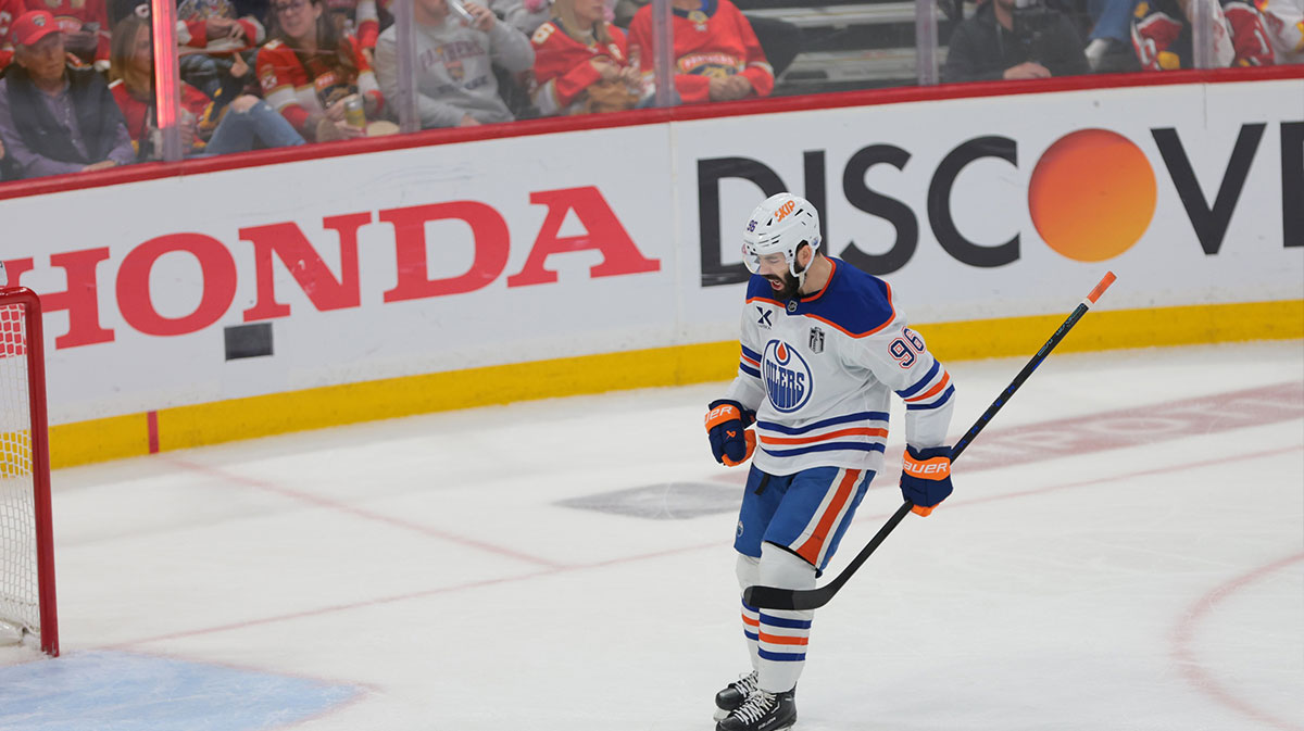 Edmonton Oilers defenseman Jake Walman (96) celebrates scoring withcenter Ryan Nugent-Hopkins (93) during the third period against the Florida Panthers in game four of the 2025 Stanley Cup Final at Amerant Bank Arena.