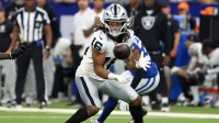 Las Vegas Raiders wide receiver Jakobi Meyers (16) makes a catch against the Indianapolis Colts during the second half at Lucas Oil Stadium.