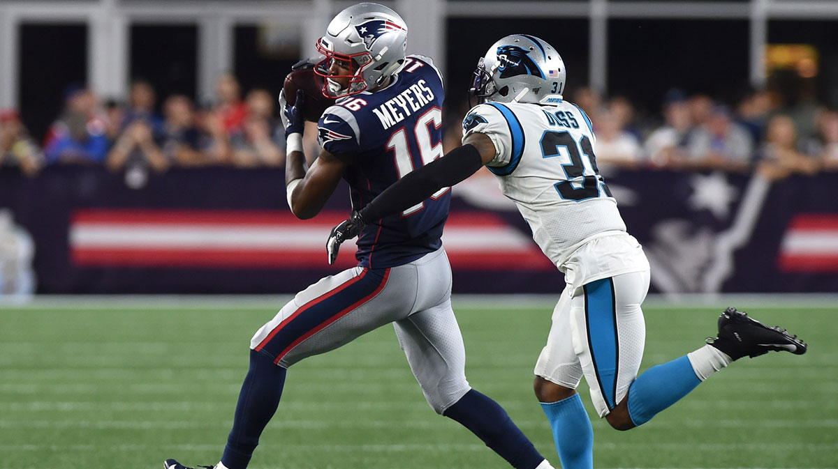 New England Patriots wide receiver Jakobi Meyers (16) makes a catch against Carolina Panthers cornerback Lorenzo Doss (31) during the second half at Gillette Stadium.