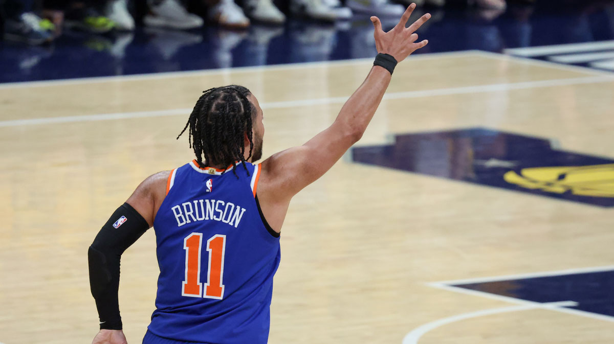 New York Knicks guard Jalen Brunson (11) celebrates after three-point basket against the Indiana Pacers in the first quarter during game six of the eastern conference finals for the 2025 NBA Playoffs at Gainbridge Fieldhouse.