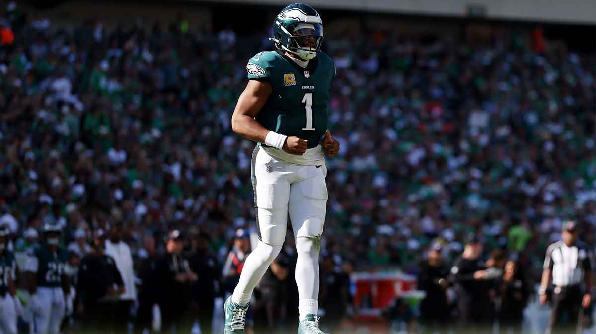 Philadelphia Eagles quarterback Jalen Hurts (1) runs on field against the Denver Broncos in the second half at Lincoln Financial Field.