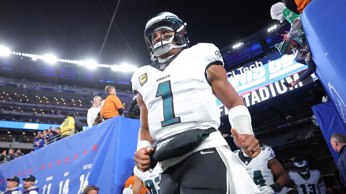 Philadelphia Eagles quarterback Jalen Hurts (1) runs onto the field prior to the game against the New York Giants.