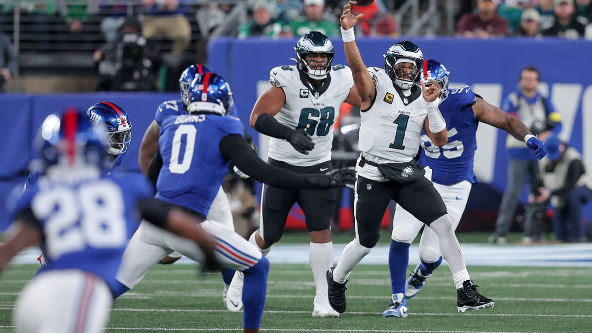 Philadelphia Eagles quarterback Jalen Hurts (1) passes the ball against the New York Giants during the third quarter of the game at MetLife Stadium.