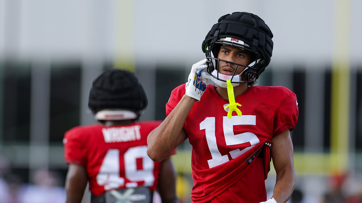 Tampa Bay Buccaneers wide receiver Jalen McMillan (15) participates in training camp at AdventHealth Training Center.