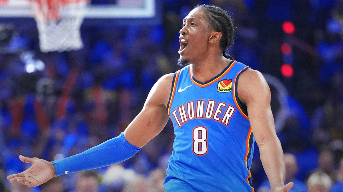 Oklahoma City Thunder forward Jalen Williams (8) reacts after a play against the Indiana Pacers during the second half of game seven of the 2025 NBA Finals at Paycom Center. 