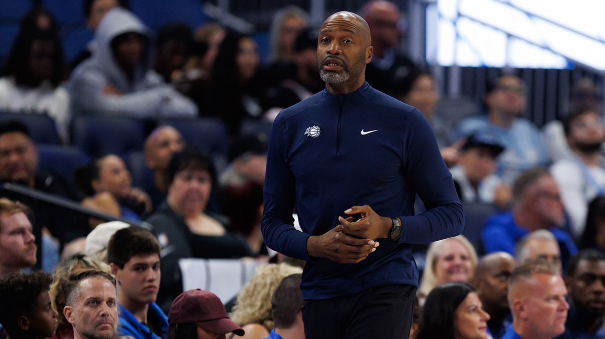 Orlando Magic Head Coach Jamahl Mosley looks on against the Miami Heat during the first half at Kia Center.