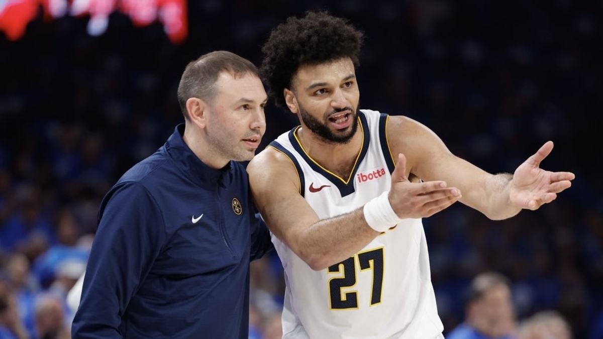 Denver Nuggets guard Jamal Murray (27) talks to Denver Nuggets head coach David Adelman after a play against the Oklahoma City Thunder in the second quarter during game seven of the second round for the 2025 NBA Playoffs at Paycom Center.