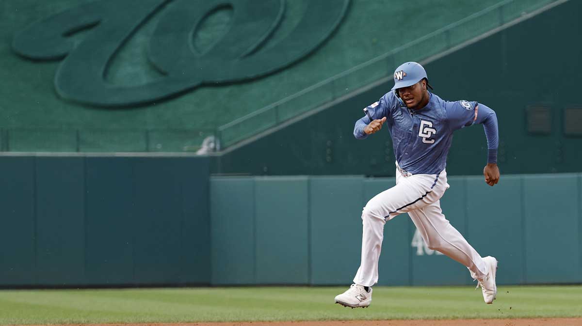 Washington Nationals outfielder James Wood (29) rounds the bases en route to scoring a run on a double by Nationals shortstop CJ Abrams (not pictured) against the Philadelphia Phillies during the first inning at Nationals Park.