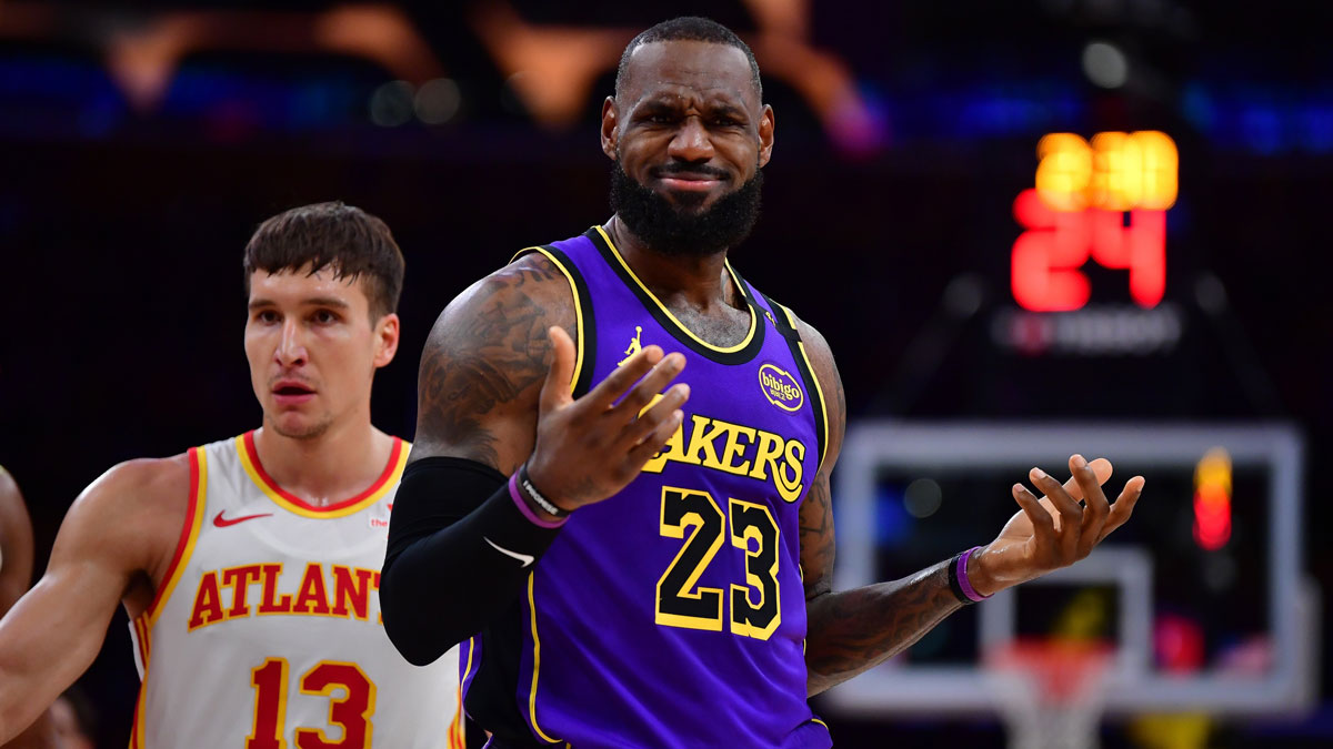 Los Angeles Lakers forward LeBron James (23) reacts to a foul called against him during the first half at Crypto.com Arena