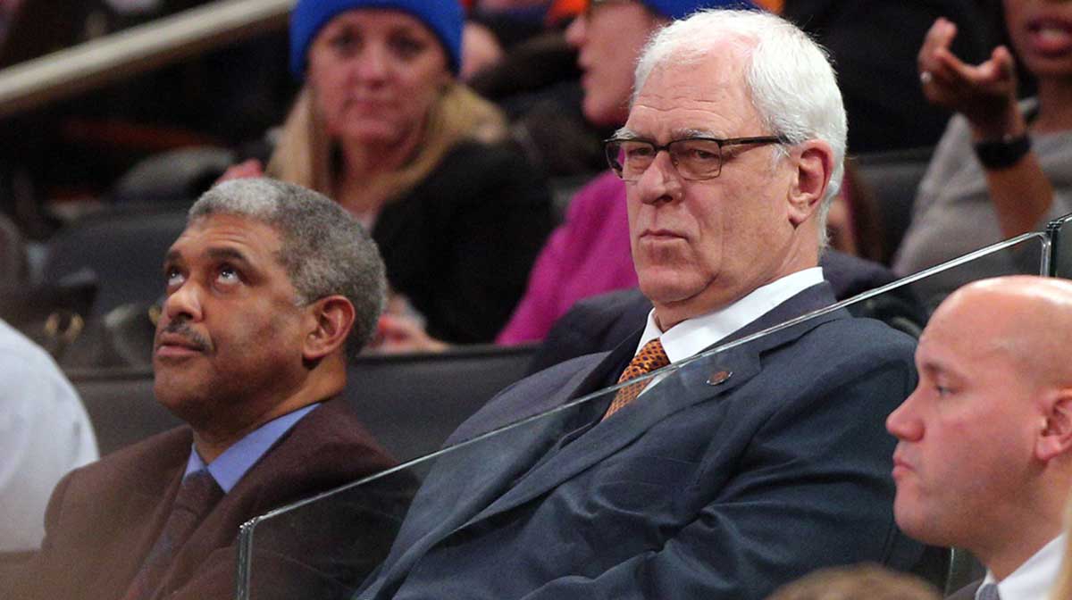 New York Knicks general manager Phil Jackson watches during the fourth quarter of a game against the New Orleans Pelicans at Madison Square Garden. Mandatory Credit: Brad Penner-Imagn Images