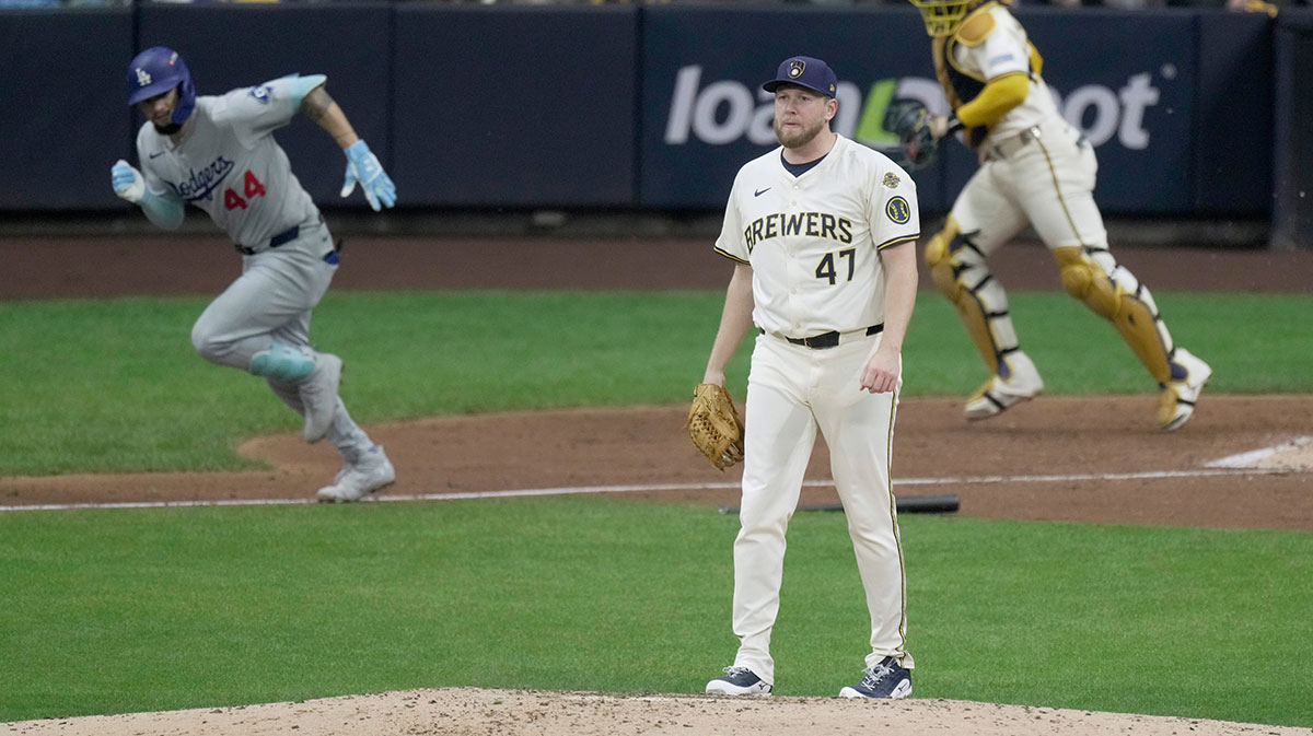 Milwaukee Brewers pitcher Jared Koenig (47) is shown during the seventh inning of their National League Championship Series game against the Los Angeles Dodgers October 13, 2025 at American Family Field in Milwaukee, Wisconsin.