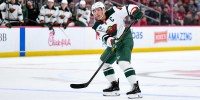 Minnesota Wild defenseman Jared Spurgeon (46) passes the puck against the New Jersey Devils during the third period at Prudential Center.