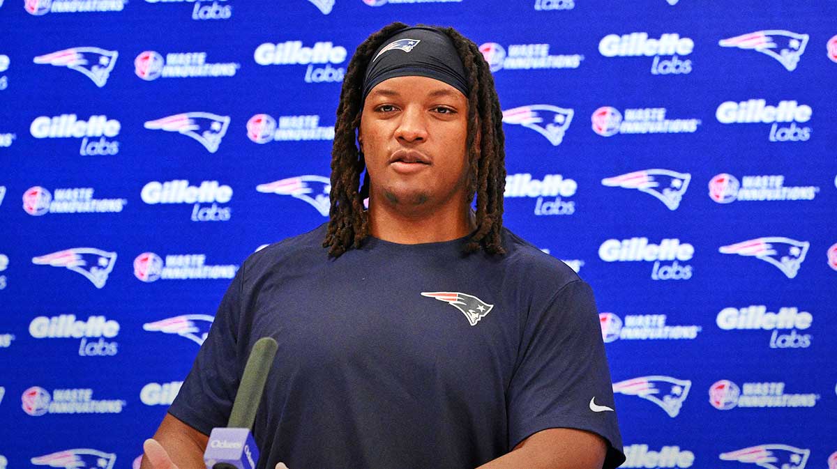 New England Patriots center Jared Wilson (58) speaks to the media after rookie camp at Gillette Stadium.