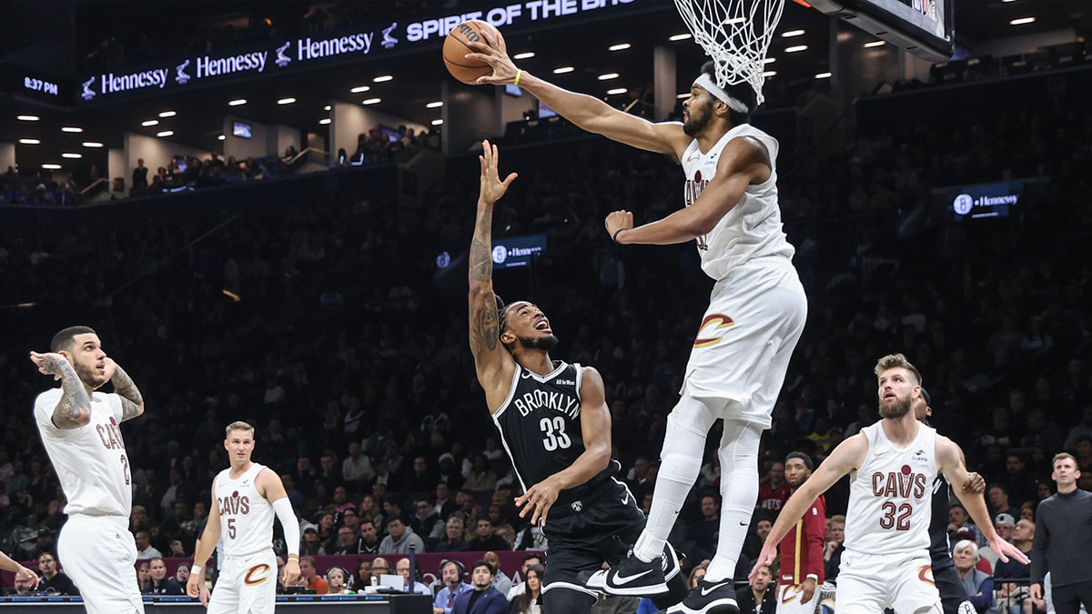 Cleveland Cavaliers center Jarrett Allen (31) blocks a shot taken by Brooklyn Nets center Nic Claxton (33) in the second quarter at Barclays Center.