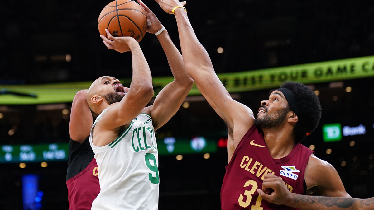 Boston Celtics guard Derrick White (9) shoots against Cleveland Cavaliers center Jarrett Allen (31) in the first quarter at TD Garden.