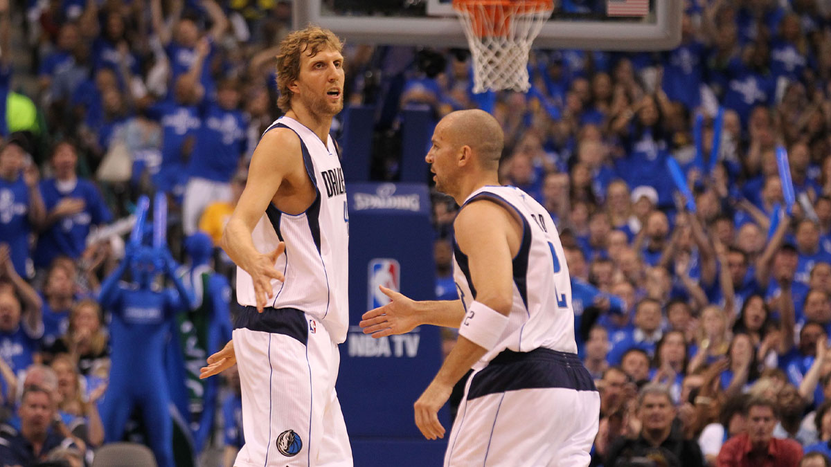 Dallas Mavericks forward Dirk Nowitzki (41) celebrates with gaurd Jason Kidd (2) in the first quarter of game three against the Los Angeles Lakers of the second round of the 2011 NBA playoffs at American Airlines Center.