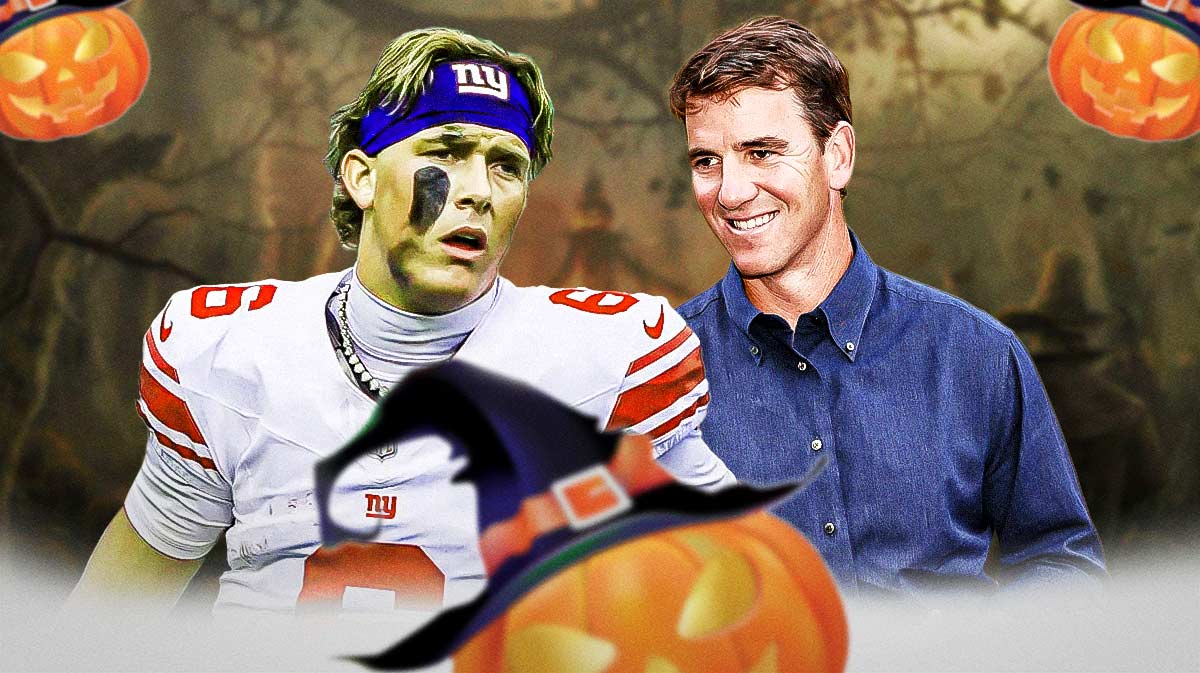 New York Giants quarterback Jaxson Dart and Eli Manning with Halloween background.