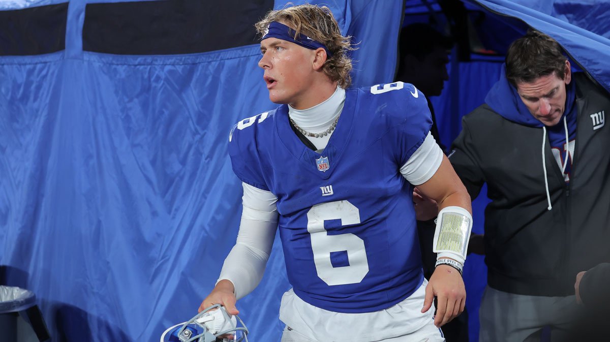 New York Giants quarterback Jaxson Dart (6) leaves the injury tent during the third quarter of the game against the Philadelphia Eagles at MetLife Stadium.