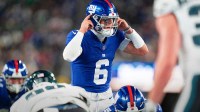 New York Giants quarterback Jaxson Dart (6) calls a play from the backfield during a Thursday Night Football game between the New York Giants and the Philadelphia Eagles at MetLife Stadium in East Rutherford on Oct. 9, 2025.