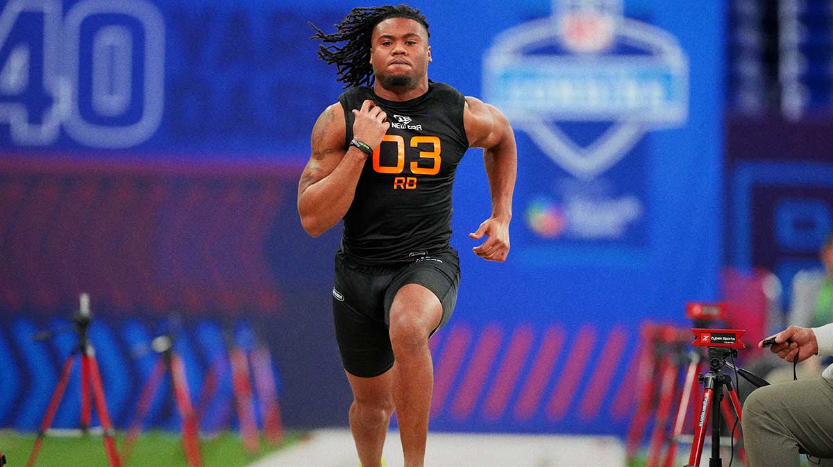 Texas running back Jaydon Blue (RB03) during the 2025 NFL Combine at Lucas Oil Stadium.
