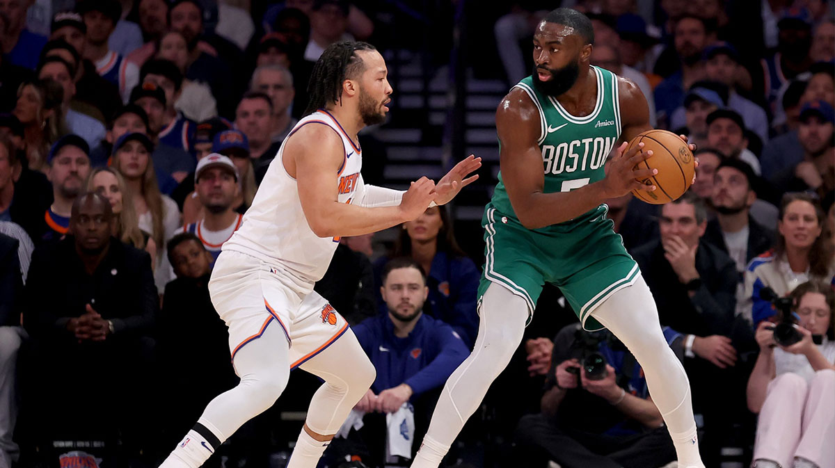 Boston Celtics guard Jaylen Brown (7) controls the ball against New York Knicks guard Jalen Brunson (11) during the first quarter of game six in the second round of the 2025 NBA Playoffs at Madison Square Garden.