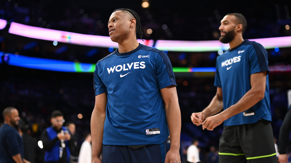 Minnesota Timberwolves guard Jaylen Clark (22) warms up before the game against the Philadelphia 76ers at Wells Fargo Center.