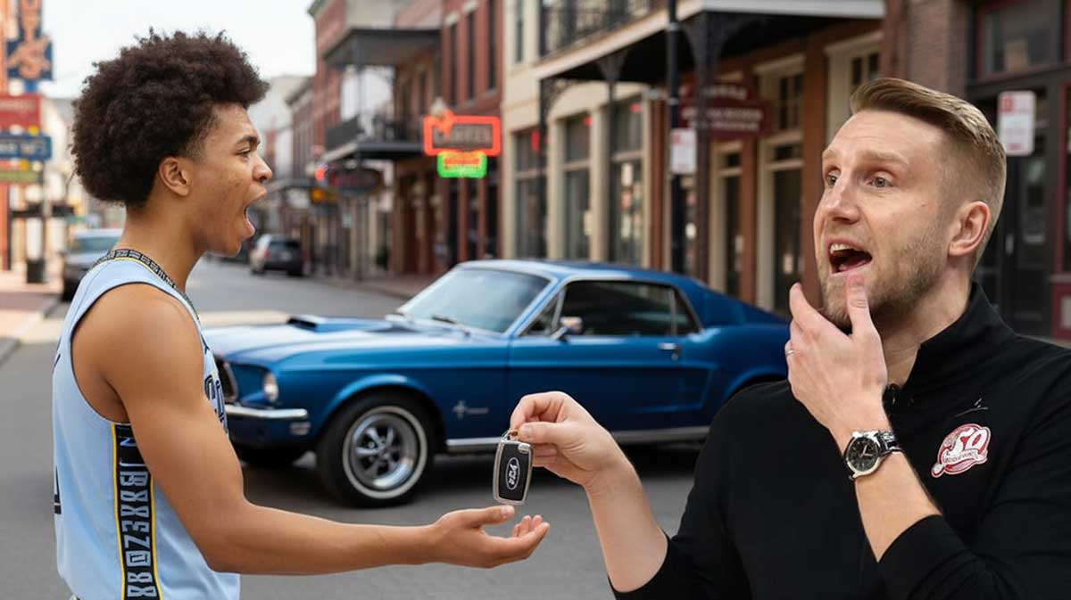 Tuomas Iisalo giving Jaylen Wells keys to a vintage Ford Mustang Beale Street Blue Mustang in the background