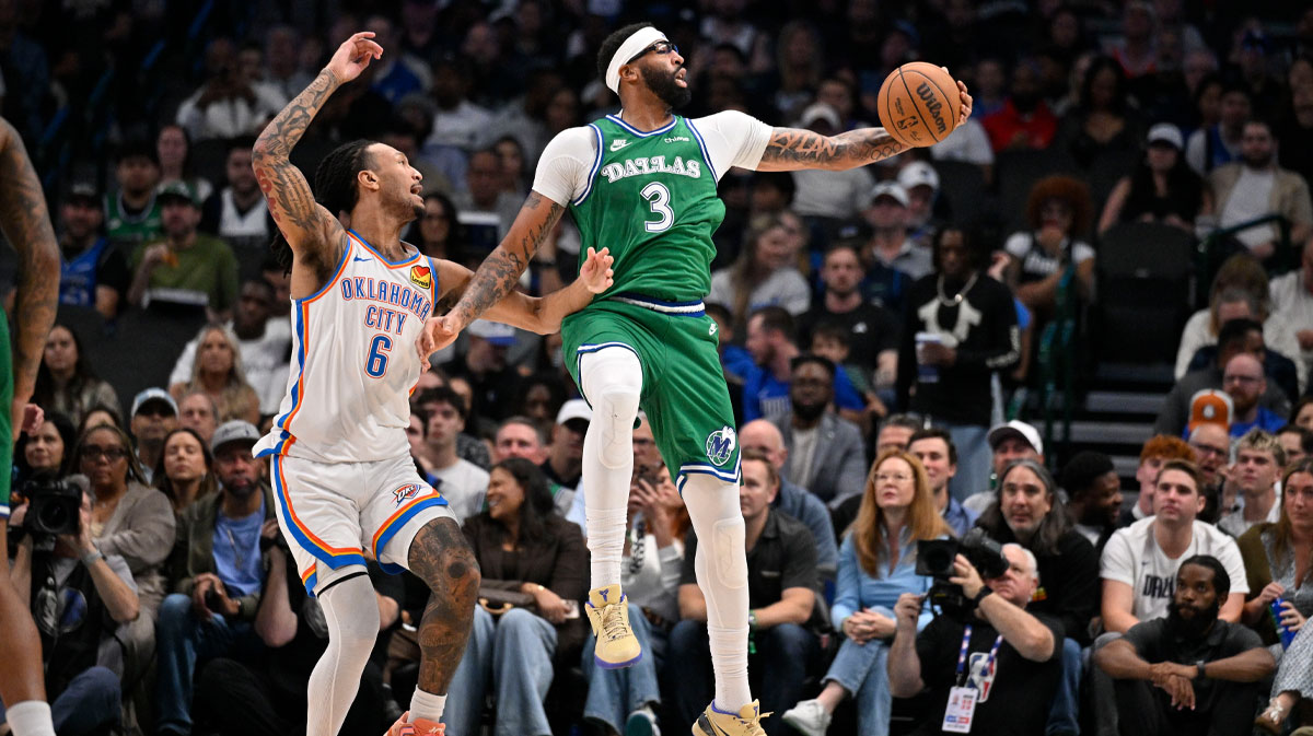 Dallas Mavericks forward Anthony Davis (3) grabs a pass in front of Oklahoma City Thunder forward Jaylin Williams (6) during the second quarter at the American Airlines Center.