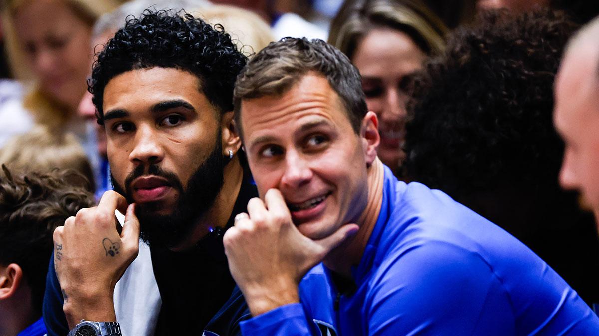 Jayson Tatum, NBA Boston Celtics Player helps coach alongside Duke Blue Devils head coach Jon Scheyer during the Countdown to Craziness at the Cameron Indoor Stadium.