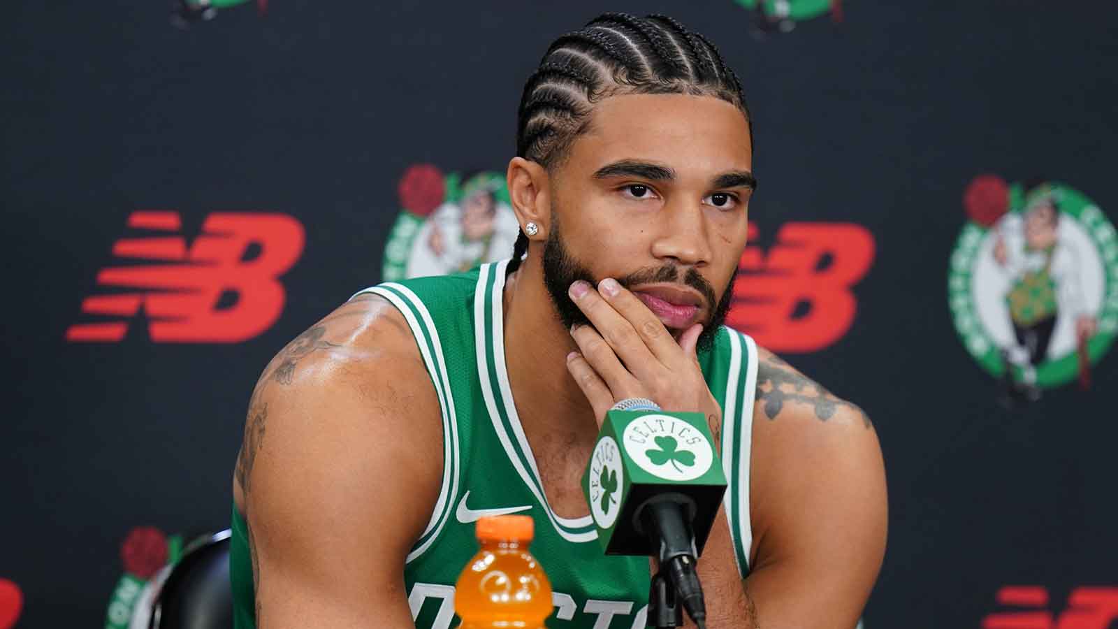 Boston Celtics forward Jayson Tatum (0) talks with reporters during media day at the Auerbach Center.