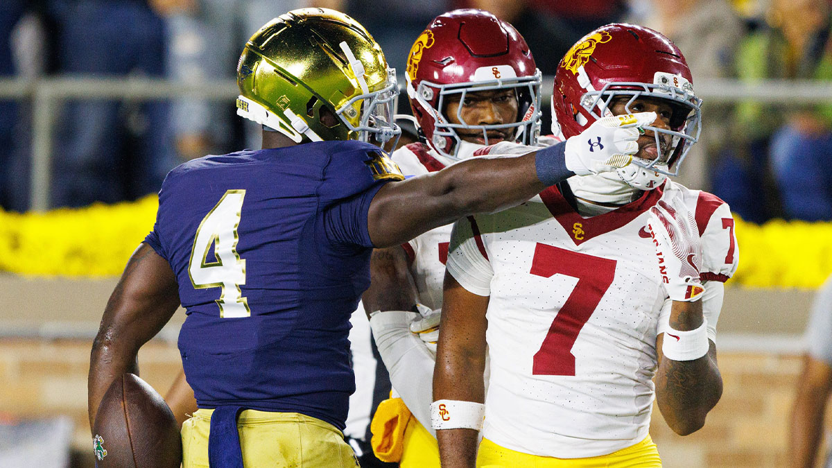 Notre Dame running back Jeremiyah Love (4) celebrates after getting a first down in the first half of a NCAA football game against Southern California at Notre Dame Stadium on Saturday, Oct. 18, 2025, in South Bend.