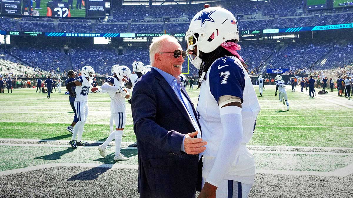 Dallas Cowboys Owner, President and general manager Jerry Jones with cornerback Trevon Diggs (7) on the field prior to a game against the New York Jets at MetLife Stadium.