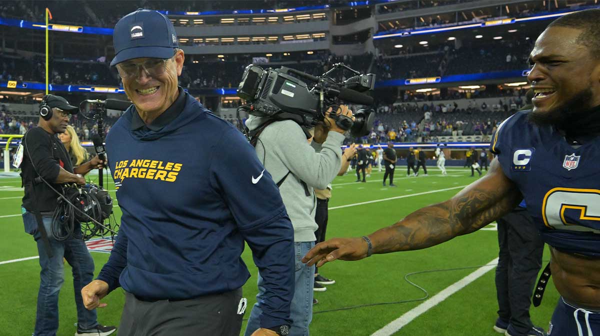 Los Angeles Chargers head coach Jim Harbaugh reacts after the game at SoFi Stadium.