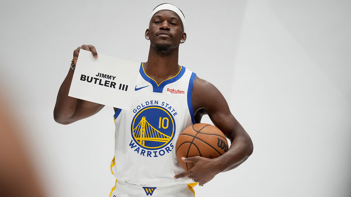 Golden State Warriors forward Jimmy Butler III (10) poses for a photo during Media Day at the Chase Center.