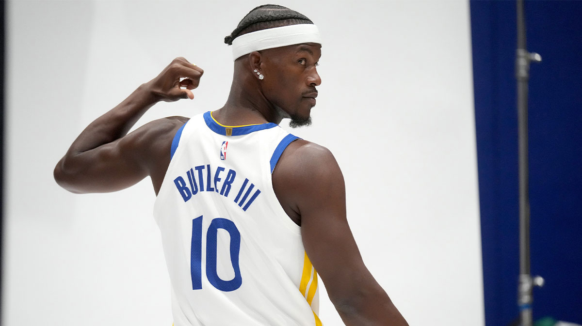 Golden State Warriors forward Jimmy Butler III (10) poses for a photo during Media Day at the Chase Center.