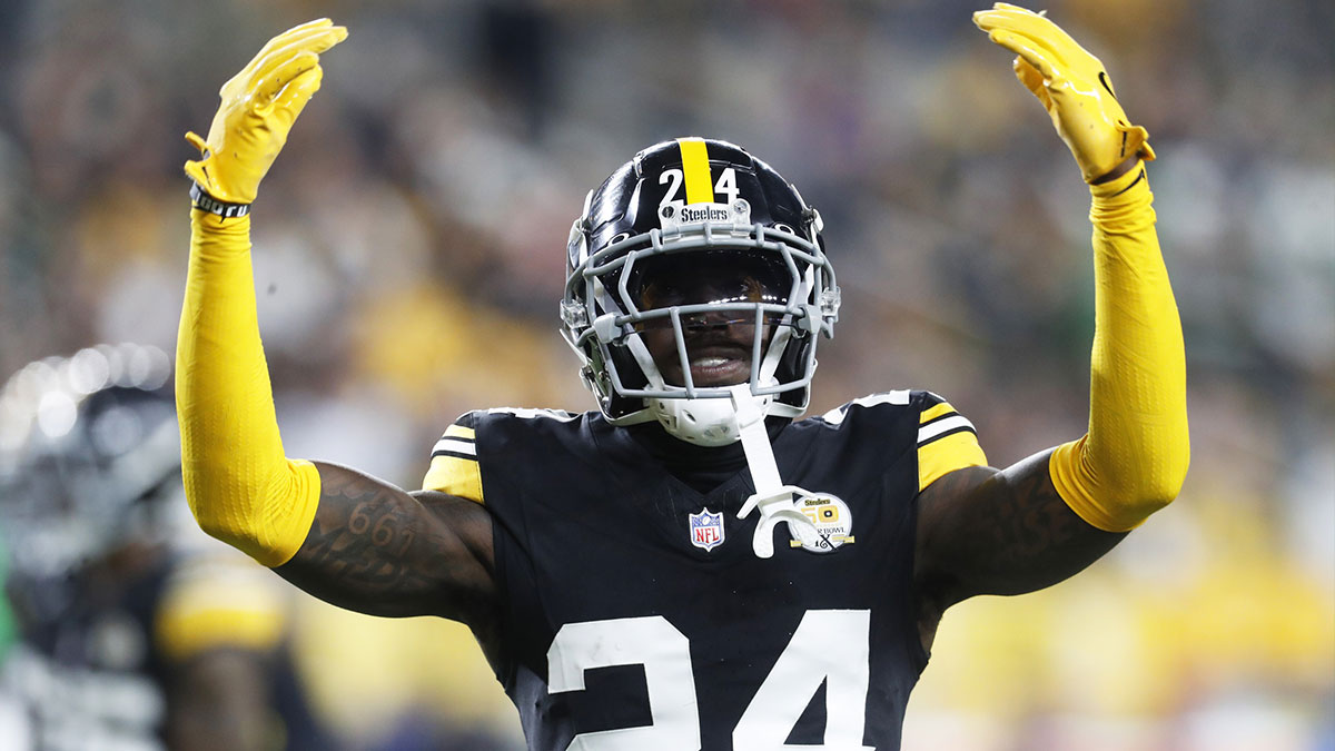 Oct 20, 2024; Pittsburgh, Pennsylvania, USA; Pittsburgh Steelers cornerback Joey Porter Jr. (24) gestures against the New York Jets during the second quarter at Acrisure Stadium.