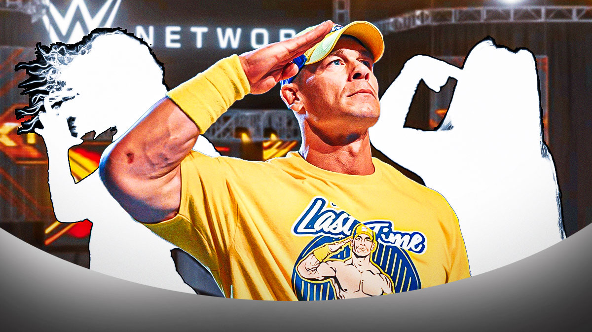 WWE star John Cena in between silhouettes of NXT stars Nikkita Lyons and Izzie Dame.